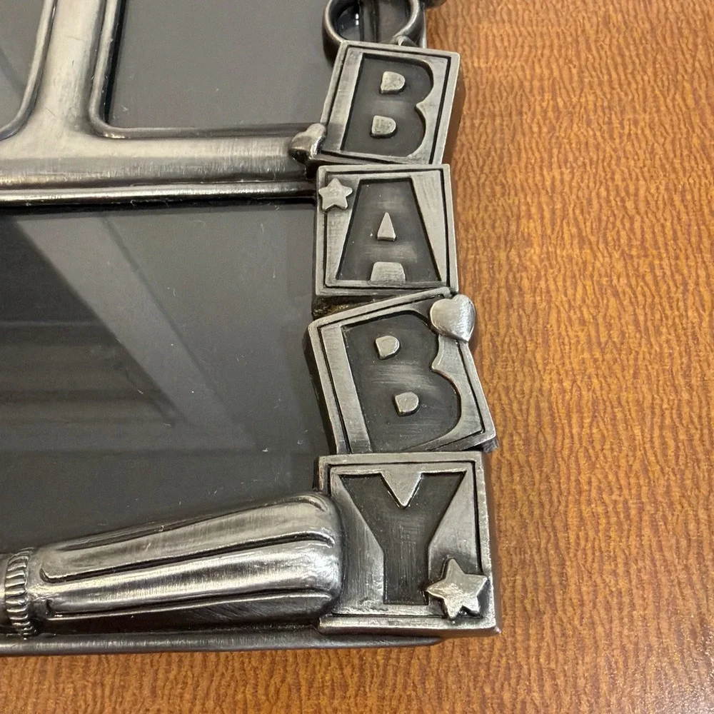 Pewter Baby Collage Picture Frame Vintage Teddy Bear Jack in Box Free Standing